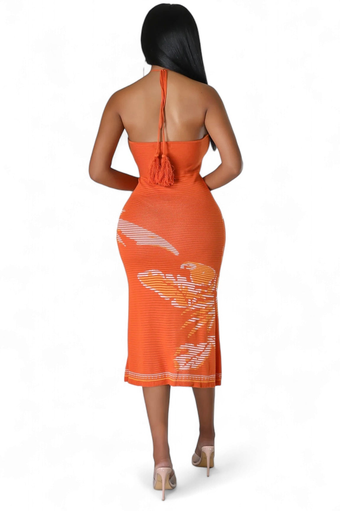 Orange Floral Knit Halter Midi Dress