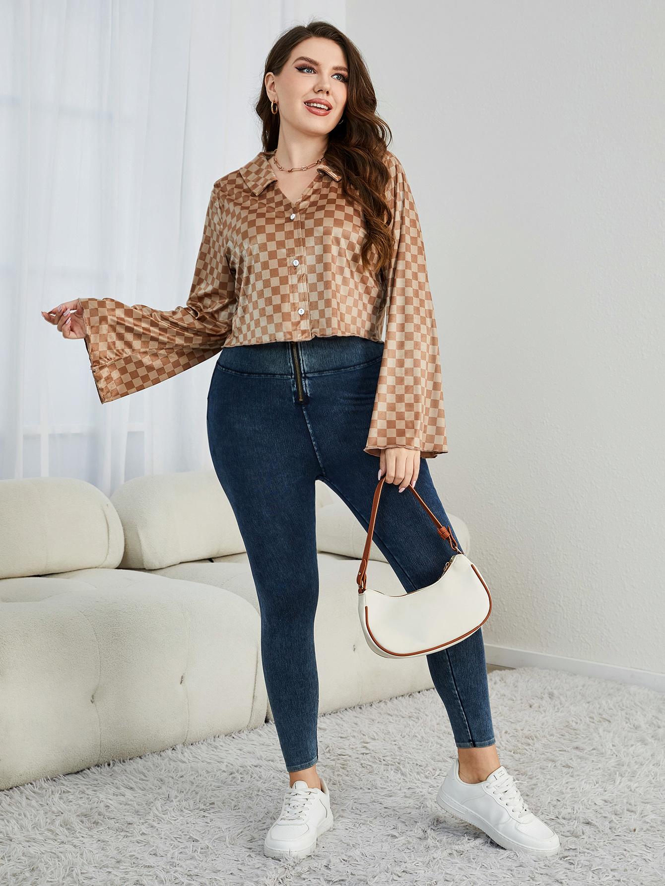 Plus Size Checkered Johnny Collar Flare Sleeve Shirt See size chart under “more details”