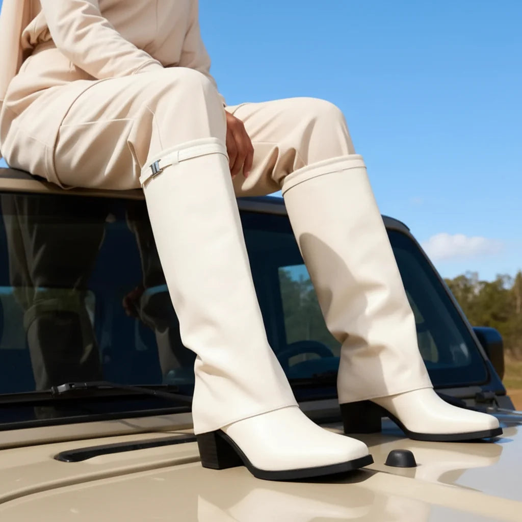 Women's Knee-High Block Heel Boots | Stable Block Heel | PU Leather | Black & Beige