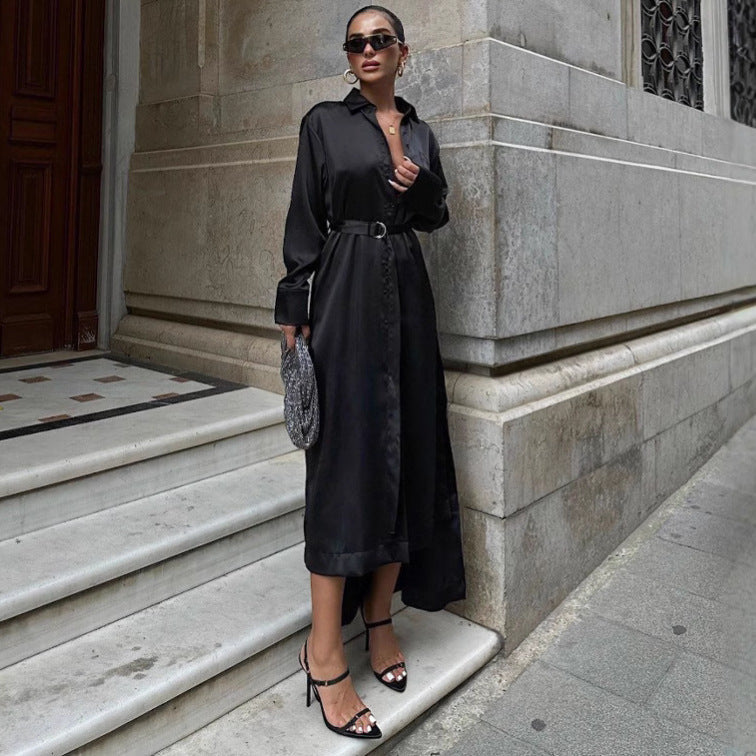 Haze Blue Waist Slimming Satin Sexy Slit Dress Fall Winter Dress