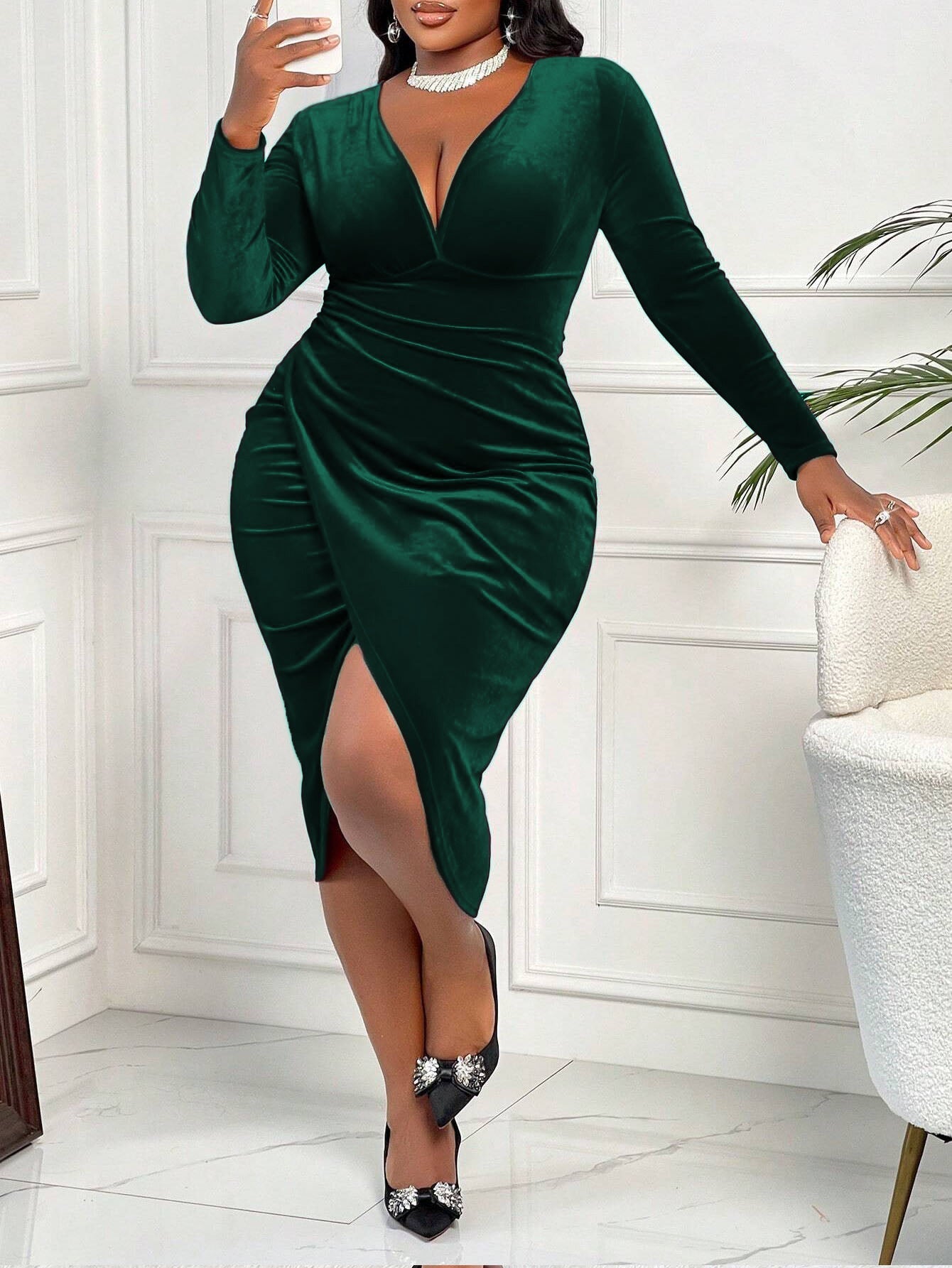 Velvet Dress Deep V Plunge neck Long Sleeve Pleated Waist Tight Split Slimming Christmas Sheath Dress