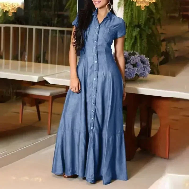 2024 Women New Lapel Pocket Splicing Casual Short Sleeved Solid Color Large Swing Denim Dress Loose Single Breasted Shirt Dress