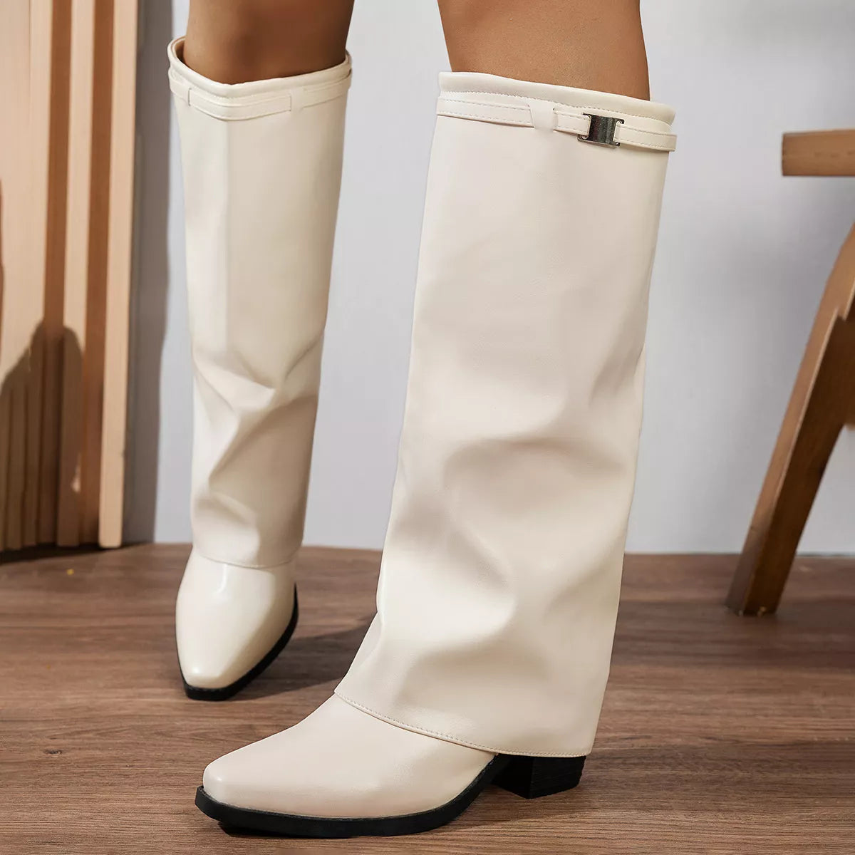 Women's Knee-High Block Heel Boots | Stable Block Heel | PU Leather | Black & Beige