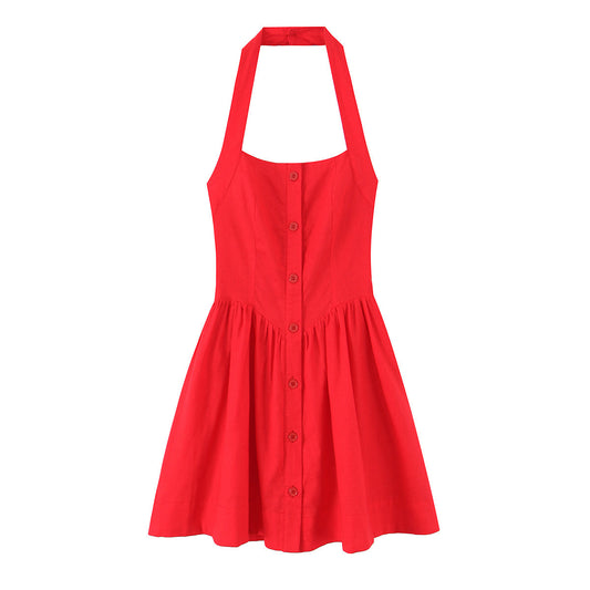 French Slim Fit Retro Red Cotton Linen Halter Large Swing Sexy Low Cut Cinched Slimming Dress