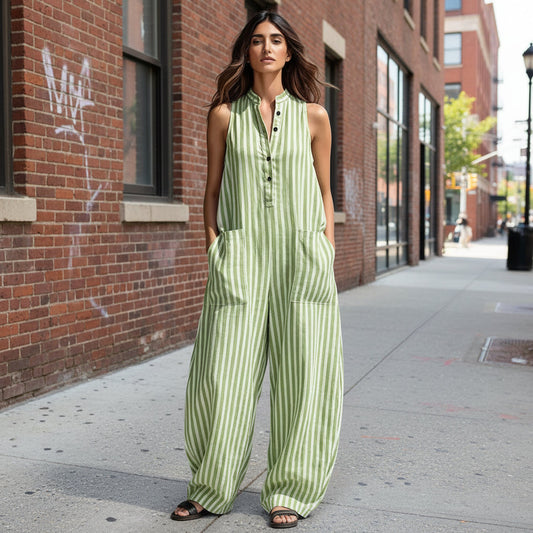 V-Neck Sleeveless Striped Loose Cropped Jumpsuit | 3 Colors S–3XL