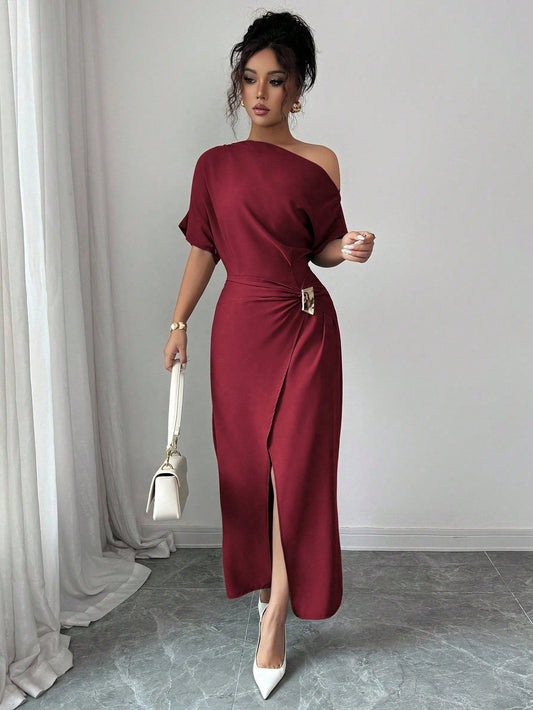 Spring Summer off the Shoulder Dress Women Solid Color Split Elegant Slim Fit Sheath Dress