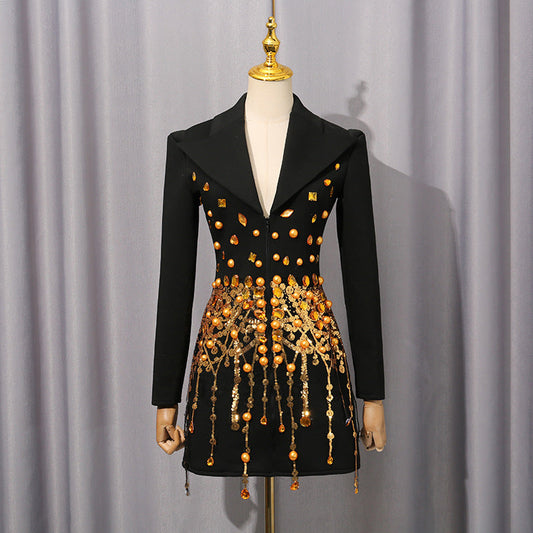 Street Long Sleeve Dress Women Spring Autumn Tassel Rhinestone Women Short Dress