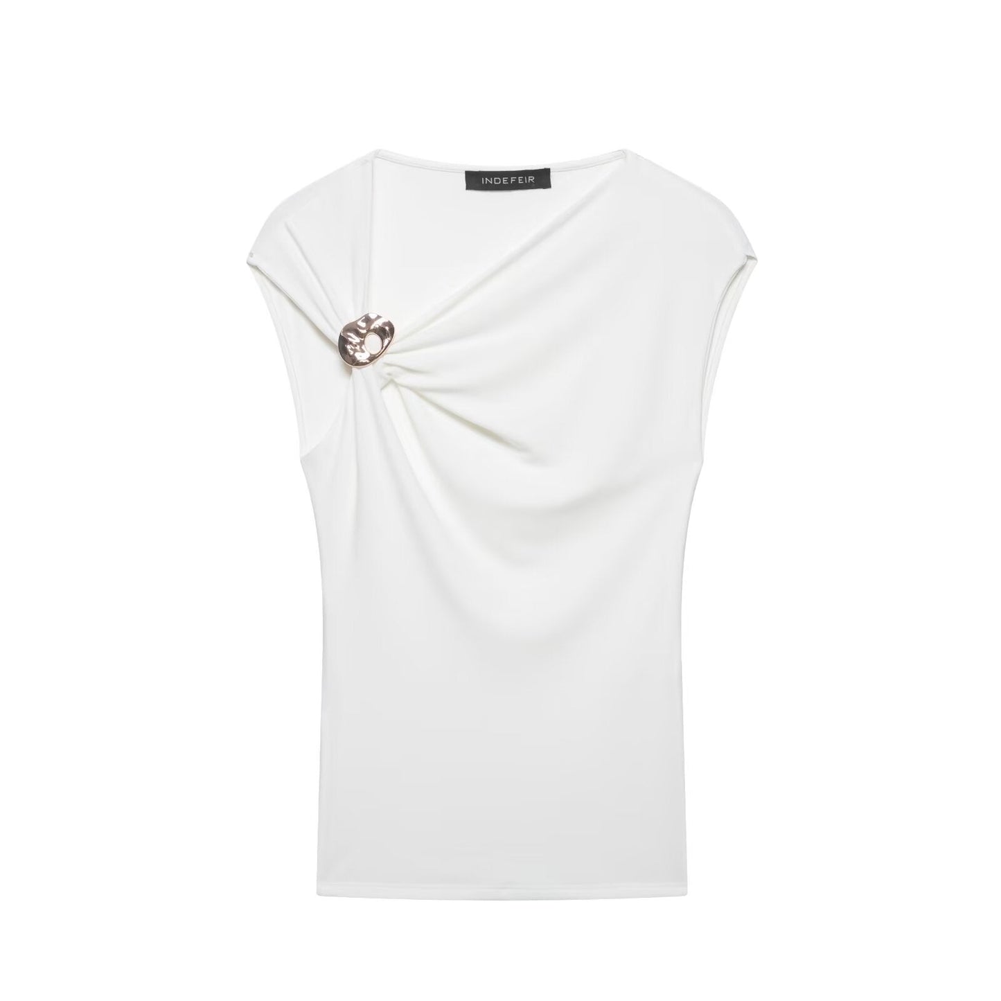 Women Clothing Summer Sleeveless Asymmetric Collar Pleated Pullover Top