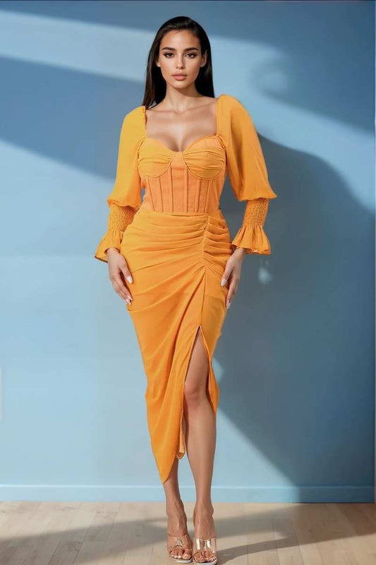Summer solid yellow long sleeve chiffon dress