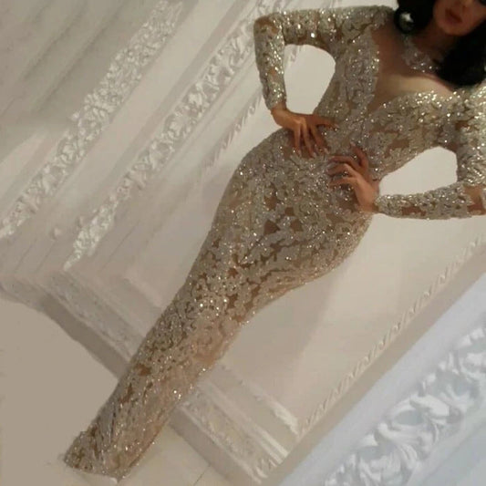 Autumn Winter Women Clothing Slim V neck Bronzing Long Sleeve Slim Sexy Dress Evening Dress