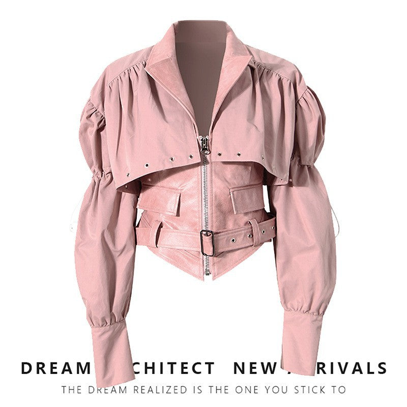 Niche Design Two-piece Coat Cape Stitching PU Handsome Waist-tight Jacket See size chart under “more details”