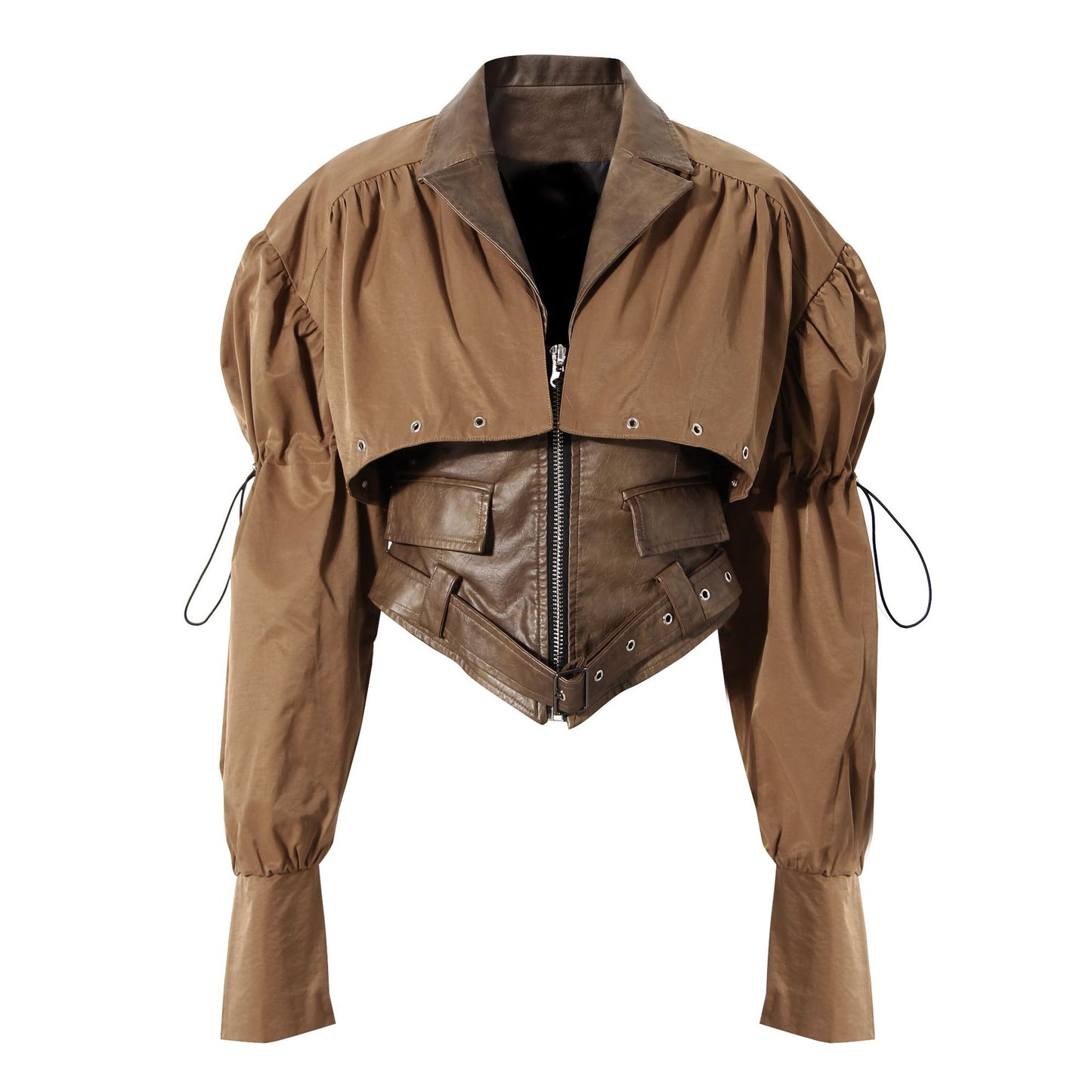 Niche Design Two-piece Coat Cape Stitching PU Handsome Waist-tight Jacket See size chart under “more details”