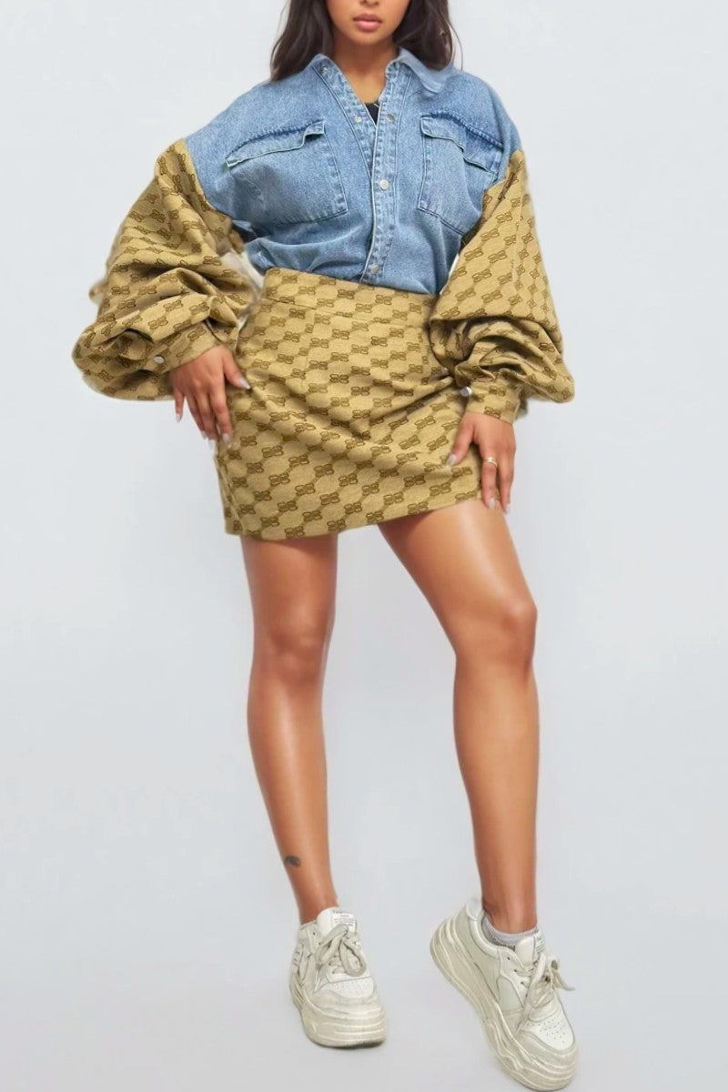 Denim & Monogram Puff Sleeve Two-Piece Set