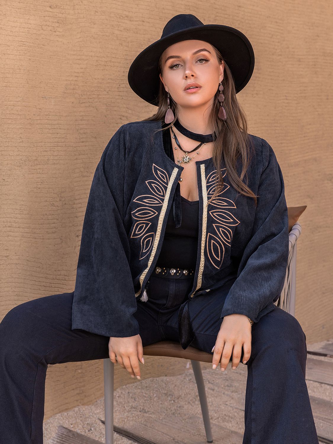 Plus Size Embroidered Open Front Jacket See size chart under “more details”