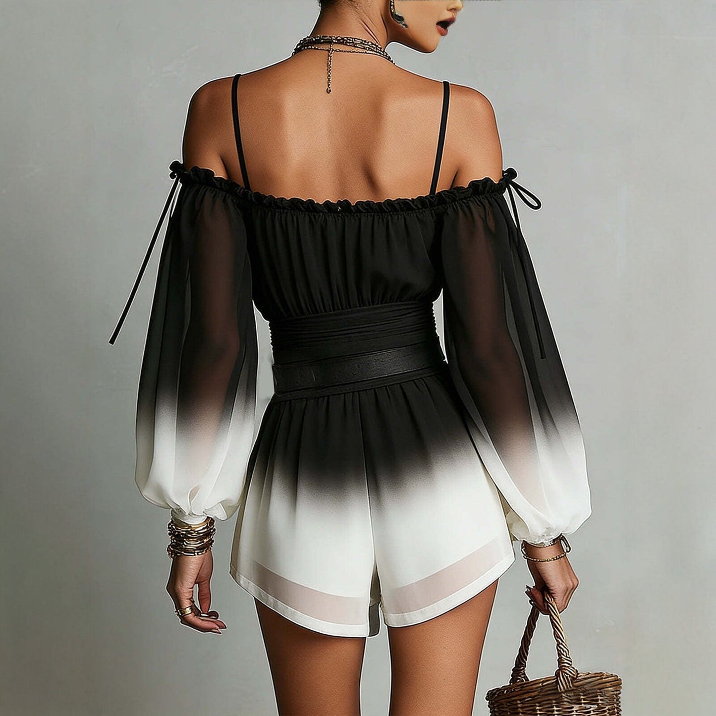 Off-Shoulder Ombre Puff-Sleeve Chiffon Jumpsuit with Belt