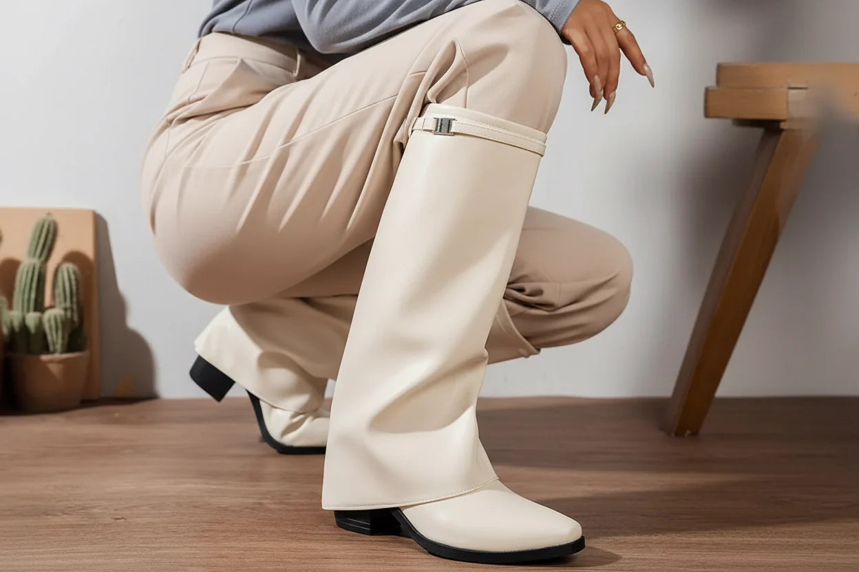 Women's Knee-High Block Heel Boots | Stable Block Heel | PU Leather | Black & Beige