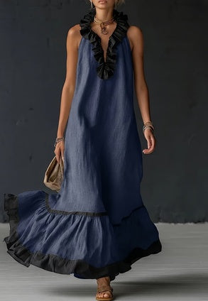 Women's Resort Linen Maxi Dress – Halter Neck Ruffle A-Line Boho