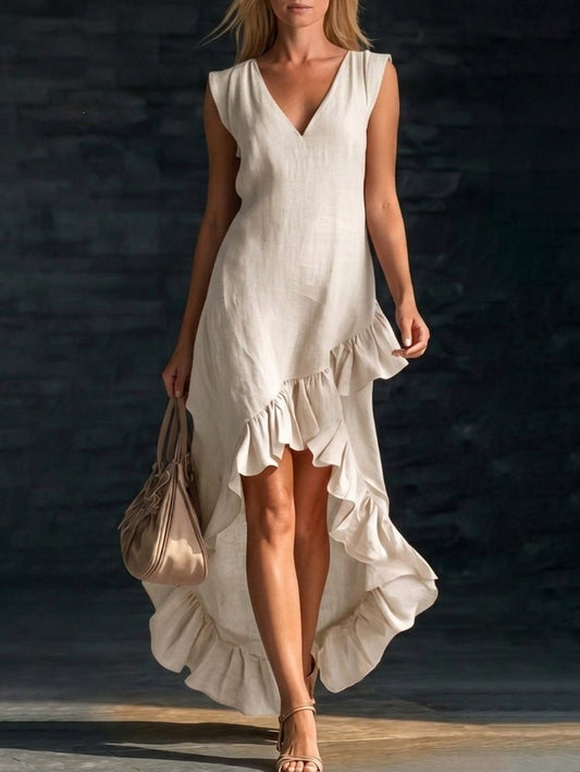 Sleeveless V-Neck Ruffle Hem Maxi Dress – Women's Cotton Linen