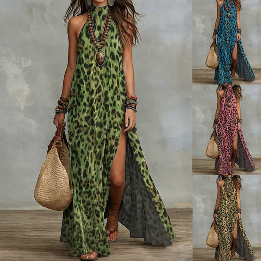 Women's Printed Scarf-Style Maxi Dress – Sleeveless, Split, Loose Boho