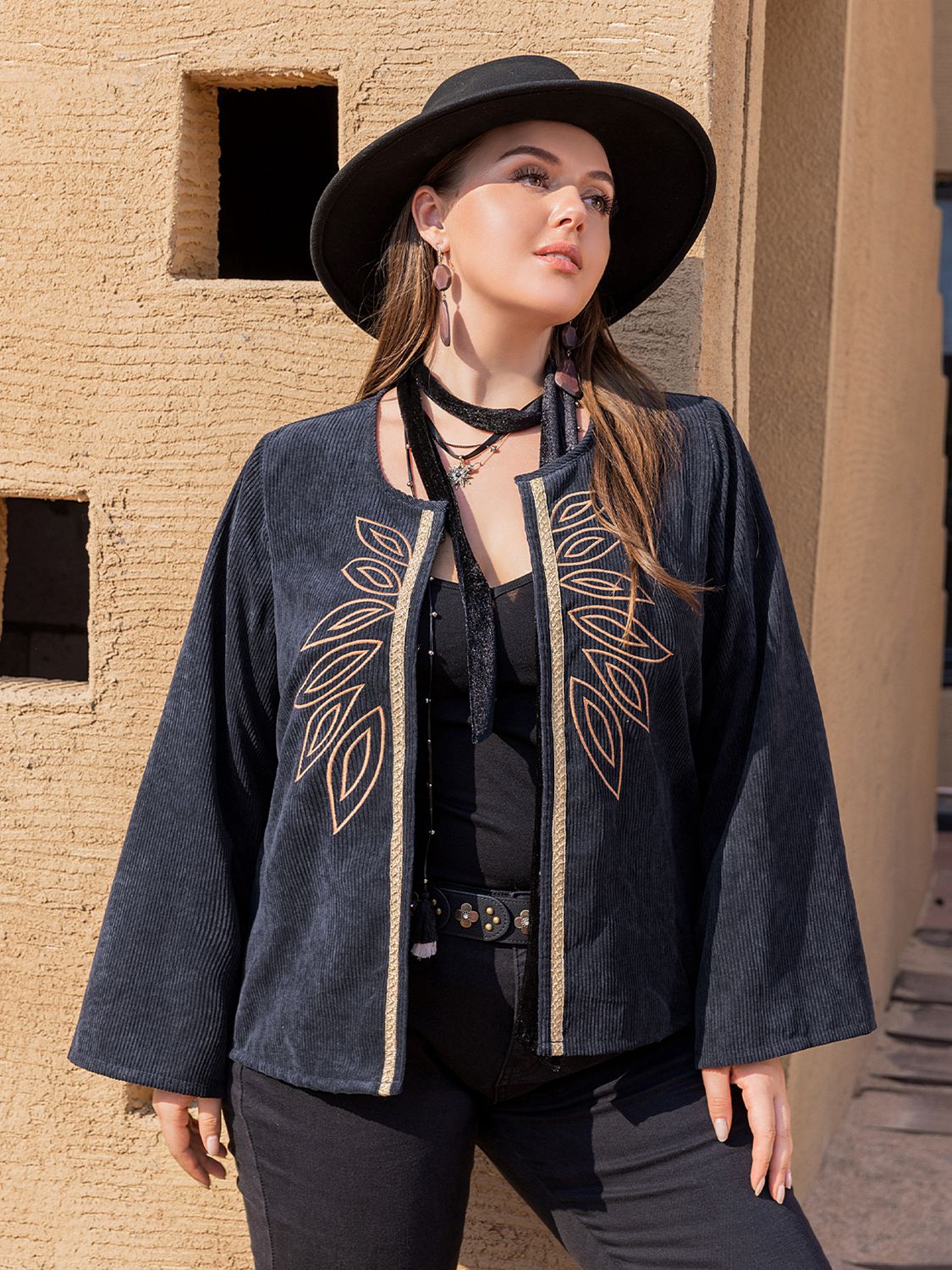 Plus Size Embroidered Open Front Jacket See size chart under “more details”