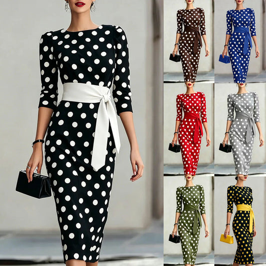 Women's Retro Polka-Dot Bodycon Midi Dress – Belted Cross-Tie