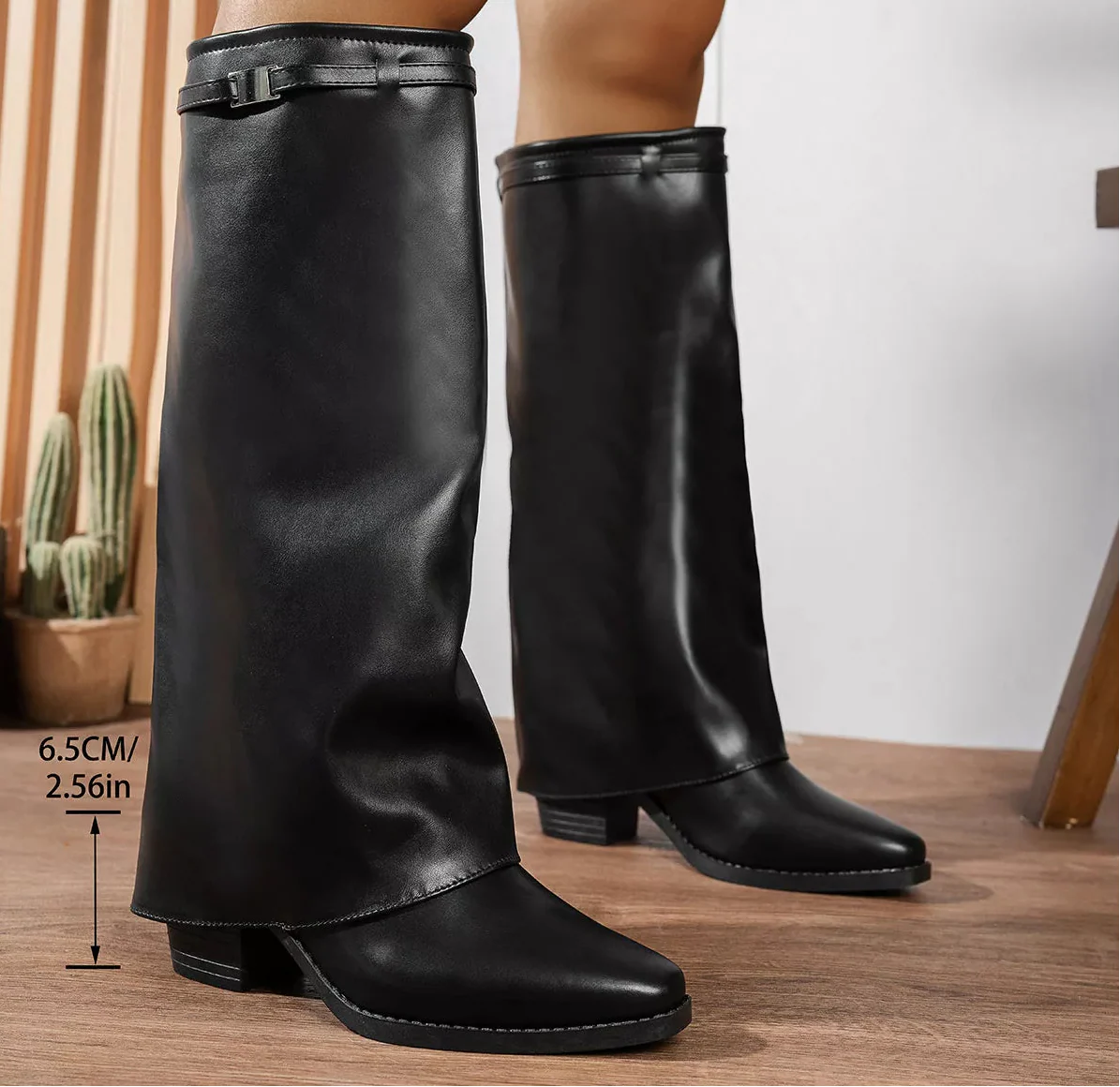 Women's Knee-High Block Heel Boots | Stable Block Heel | PU Leather | Black & Beige