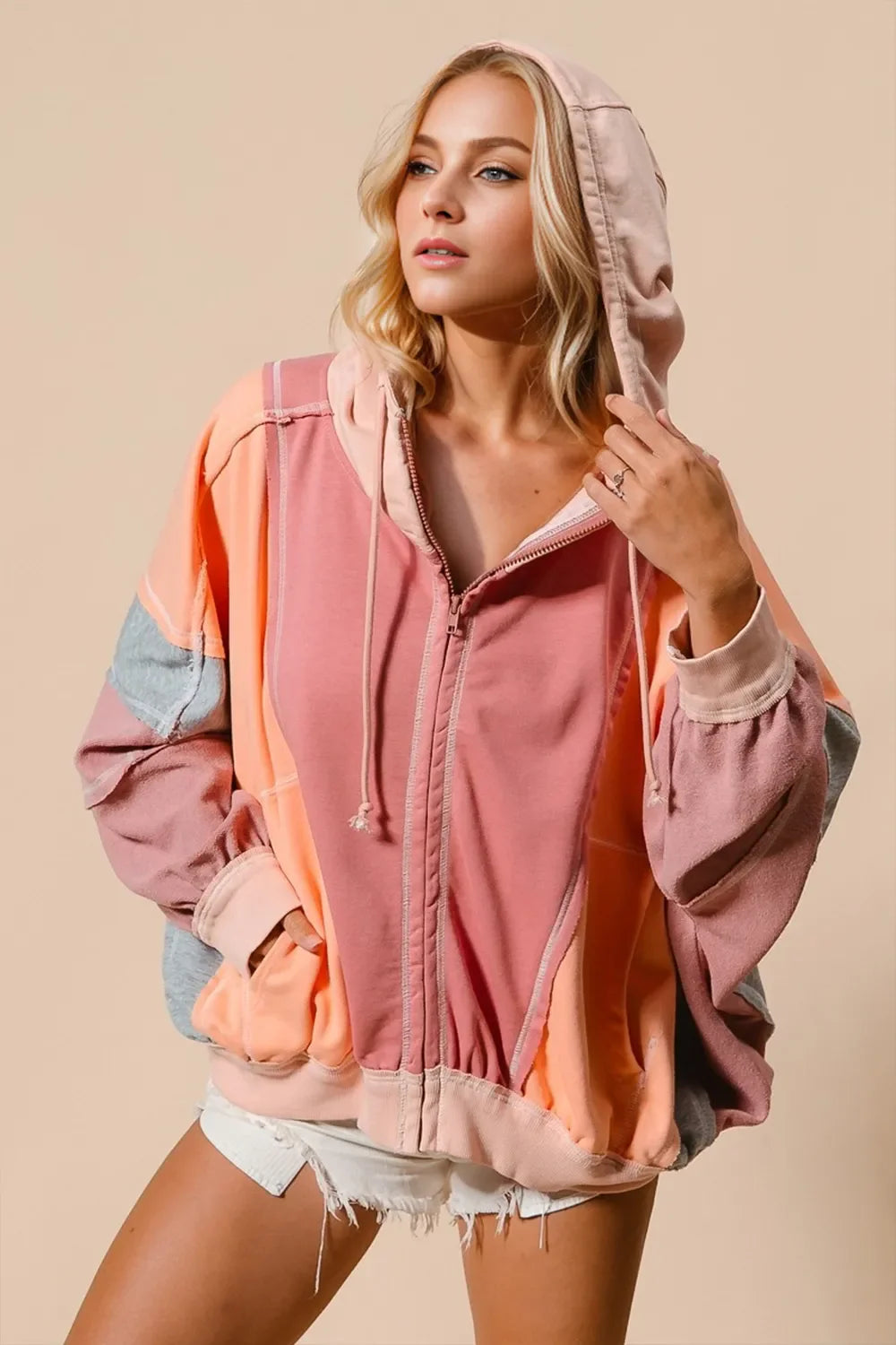 Double Take Full Size Color Block Zip Up Hoodie See size chart under “more details”