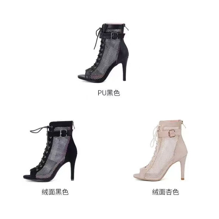 Women's Peep Toe Lace-Up Ankle Boots - Dance Party Heels with Multiple Heel Heights