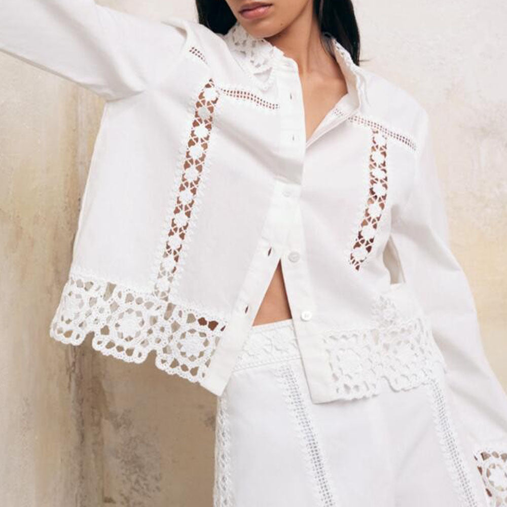 Women's Hollow-Out Patchwork Tassel Coat – Long Sleeve Lapel Button-Down Jacket