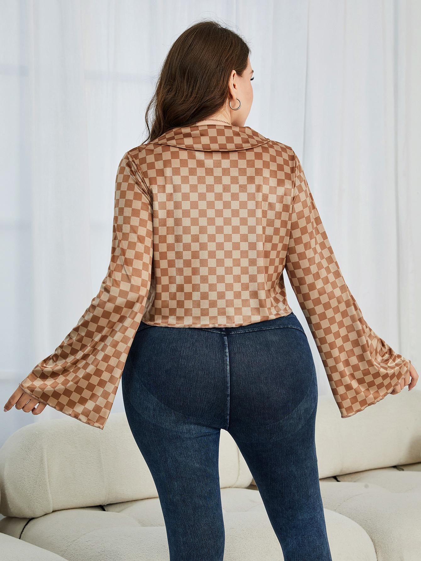 Plus Size Checkered Johnny Collar Flare Sleeve Shirt See size chart under “more details”
