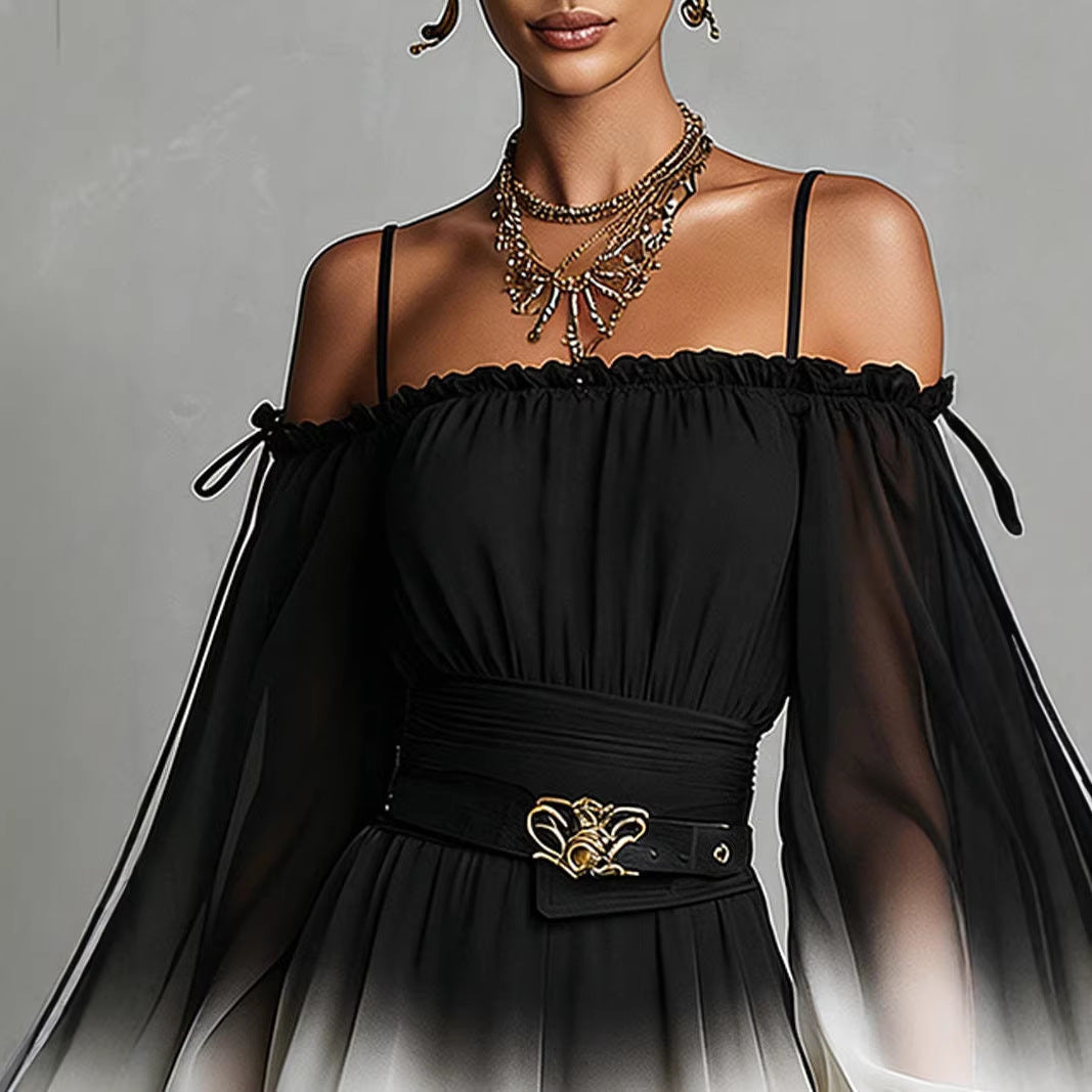 Off-Shoulder Ombre Puff-Sleeve Chiffon Jumpsuit with Belt
