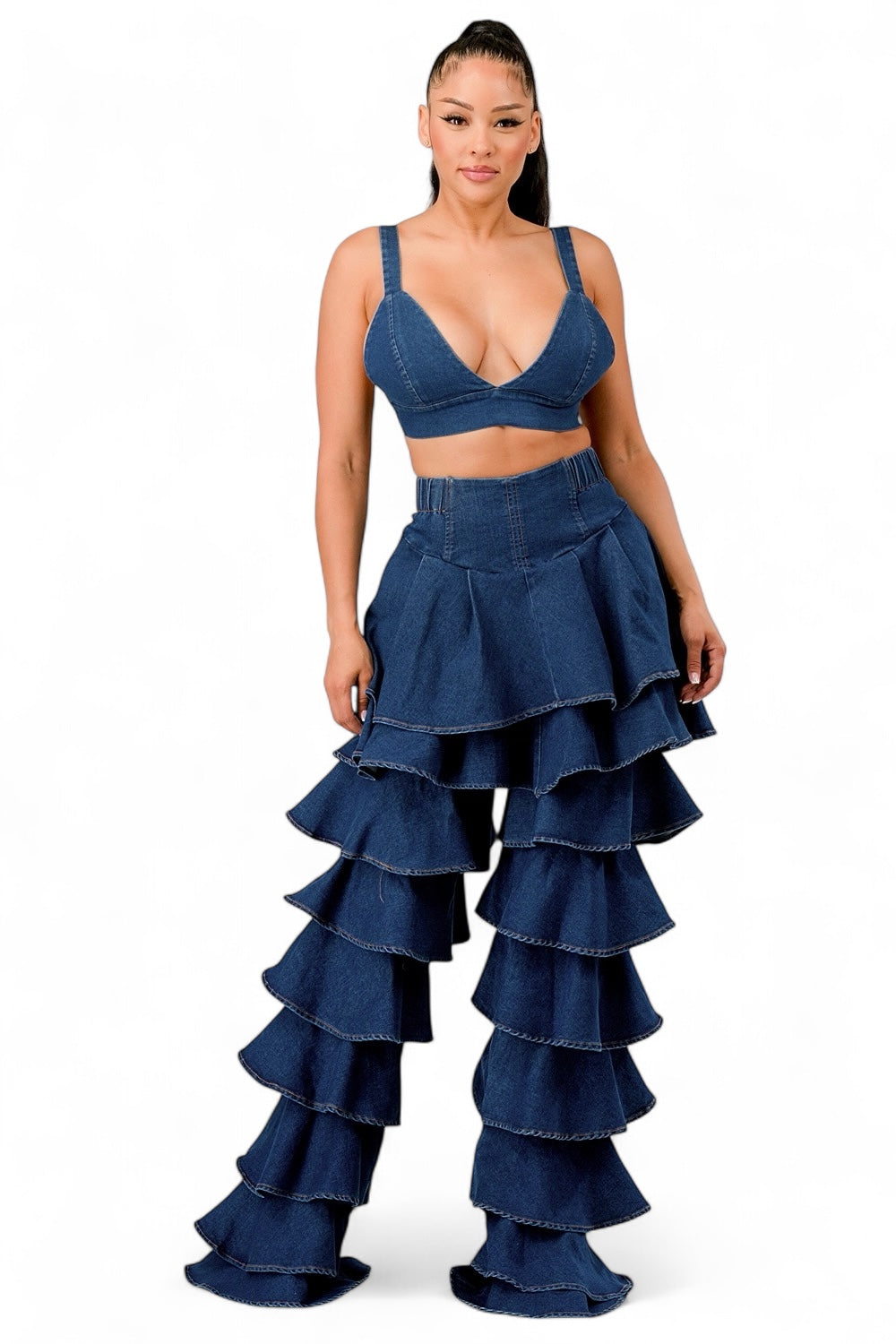 Curvy Denim Ruffle Two-Piece Set {Tall Girl Friendly}