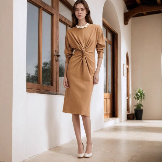 Retro Crew Neck Long Sleeve Twist Design Slim Fitting Mid Length Knitted Dress