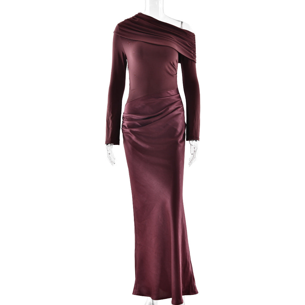 Women Clothing Mori Adult Lady like Woman Elegant Formal Dress Diagonal Collar Long Sleeve Slim Fit Sexy Fishtail Dress