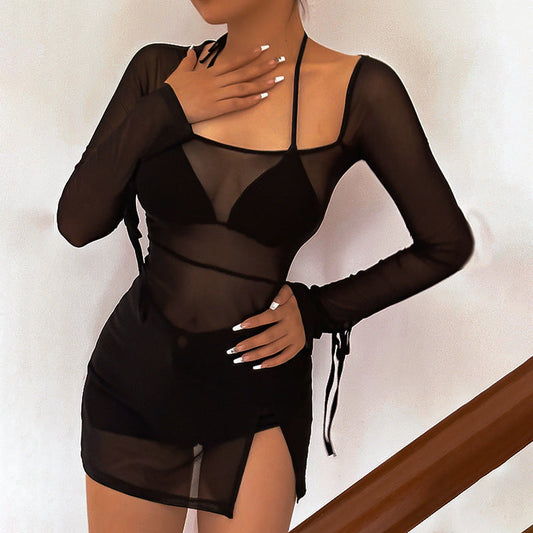 Summer Women Clothing Refreshing Slim Fit Square Collar Sexy Mesh See through Beach Cover Up Slim Fit Sexy