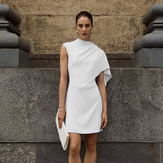 Irregular Asymmetric White Sleeveless Waist Tight Elegant Dress Women Elegant Slim Fit