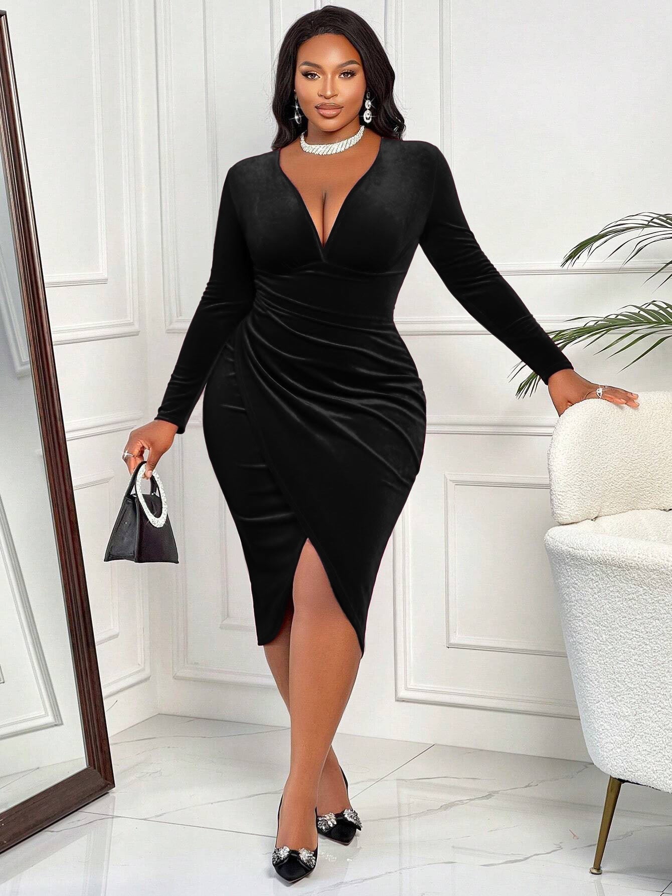 Velvet Dress Deep V Plunge neck Long Sleeve Pleated Waist Tight Split Slimming Christmas Sheath Dress