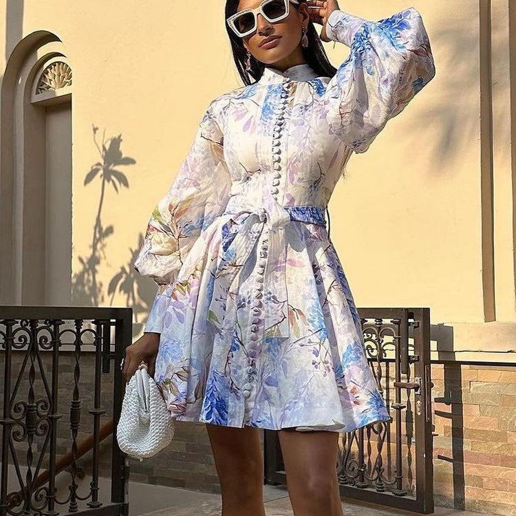 Retro French Printed Dress Women Clothing Spring Autumn Stand up Collar Puff Sleeve Lace up Floral