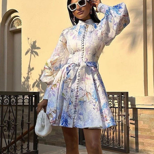 Retro French Printed Dress Women Clothing Spring Autumn Stand up Collar Puff Sleeve Lace up Floral
