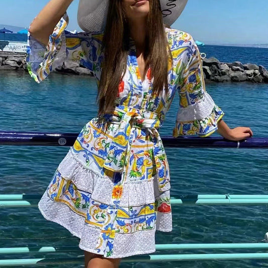 French Bohemian Vacation Spring V Neck Bell Sleeve Embroidered Printed Tied Dress Women