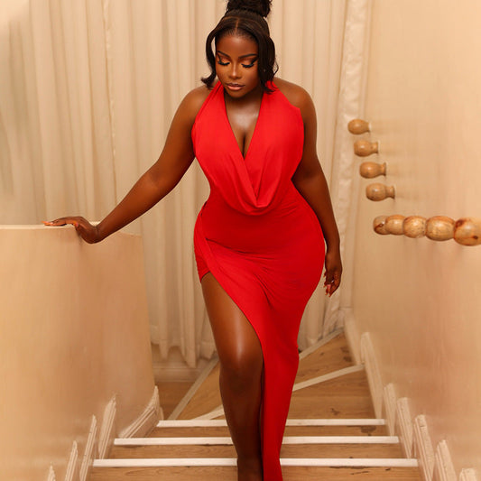 Women Clothing Solid Color Pleated Slimming Side Slit Hip Dress Swing Collar Sleeveless Long Trendy Dress