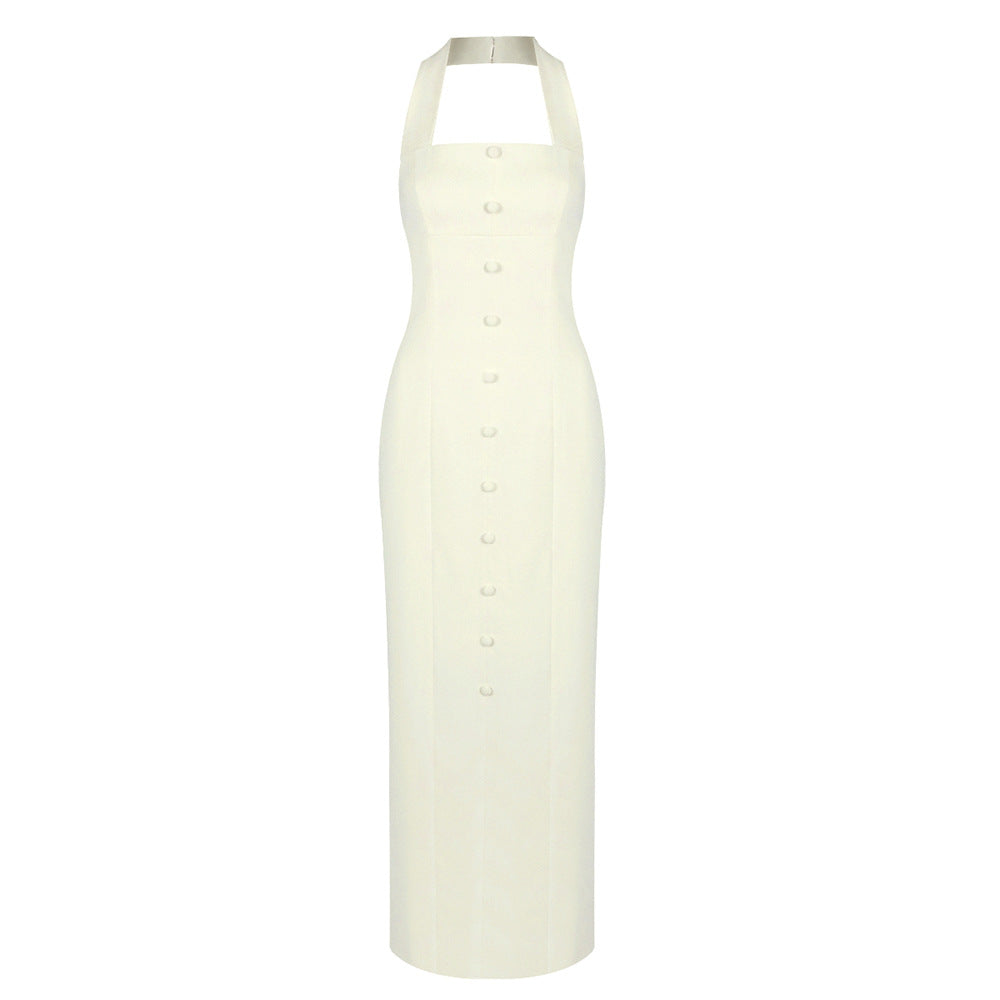Women Clothing Summer Sleeveless Simple Decorative Buttons Square Collar Midi Dress