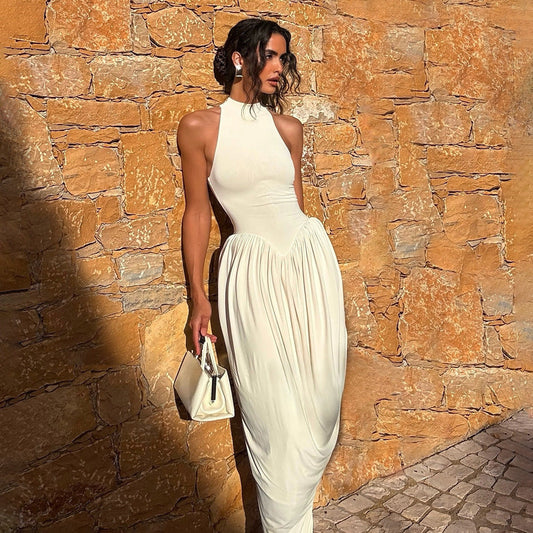 Spring Women Clothes Irregular Asymmetric with Personality Slim Half Turtleneck Sleeveless Solid Color Dress