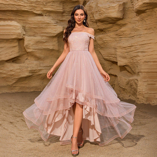 Summer Quality off Shoulder Sequin Stitching Mesh Irregular Asymmetric Multi Layer Evening Dress Party Mid Length Dress
