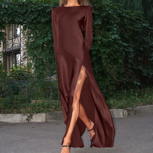 French Elegant Dress for Women Stitching Lace Split round Neck Long Sleeve High Waist Dress