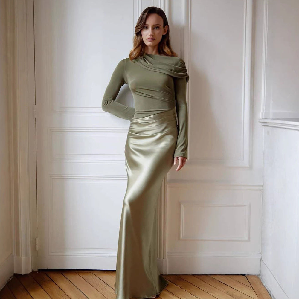Women Clothing Mori Adult Lady like Woman Elegant Formal Dress Diagonal Collar Long Sleeve Slim Fit Sexy Fishtail Dress