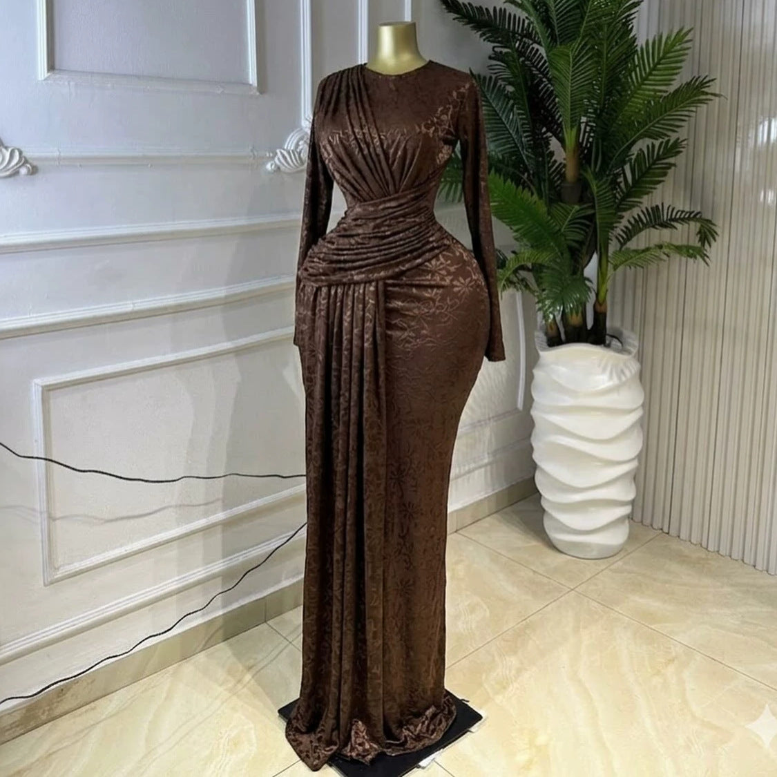 Women Clothing Spring Elegant Pleating Slim Printed Sheath Maxi Dress