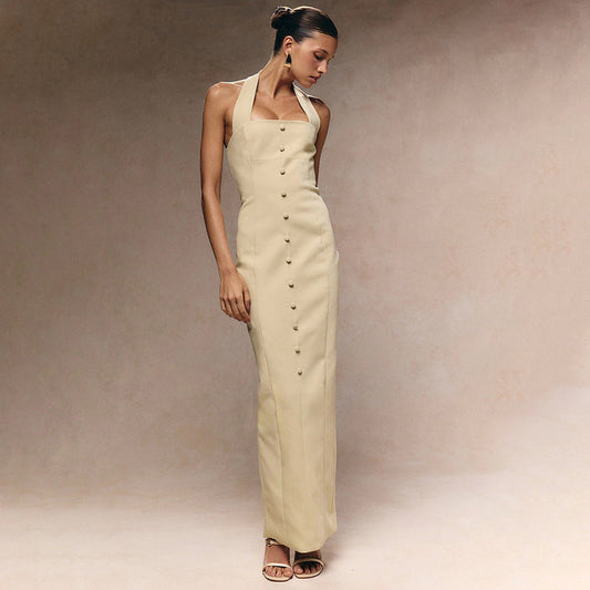 Women Clothing Summer Sleeveless Simple Decorative Buttons Square Collar Midi Dress