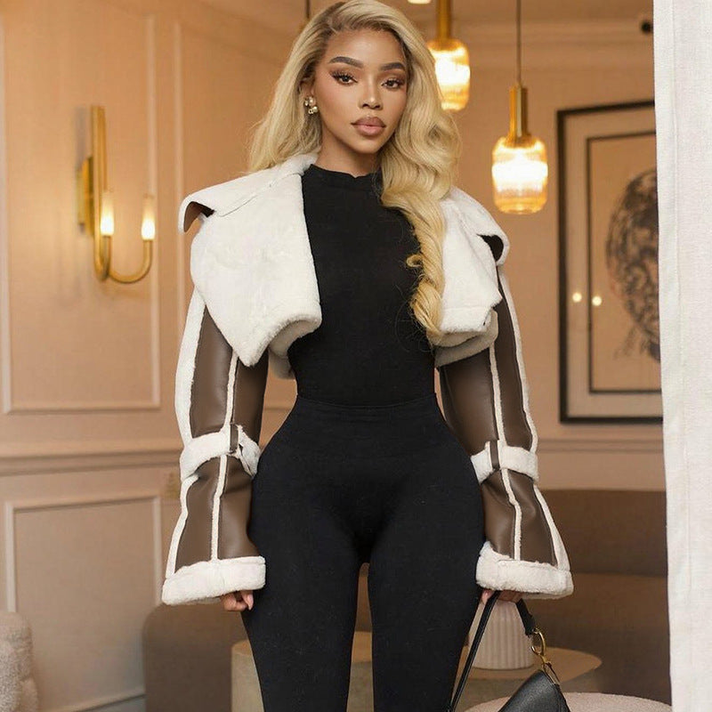 Women Clothing Street Faux Leather Stitching Short Fur Collar Cropped Coat