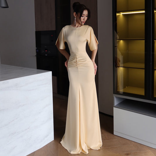 Spring Women Clothing Solid Color Elegant Slim round Neck Irregular Asymmetric Short Sleeve Waist Controlled Dress